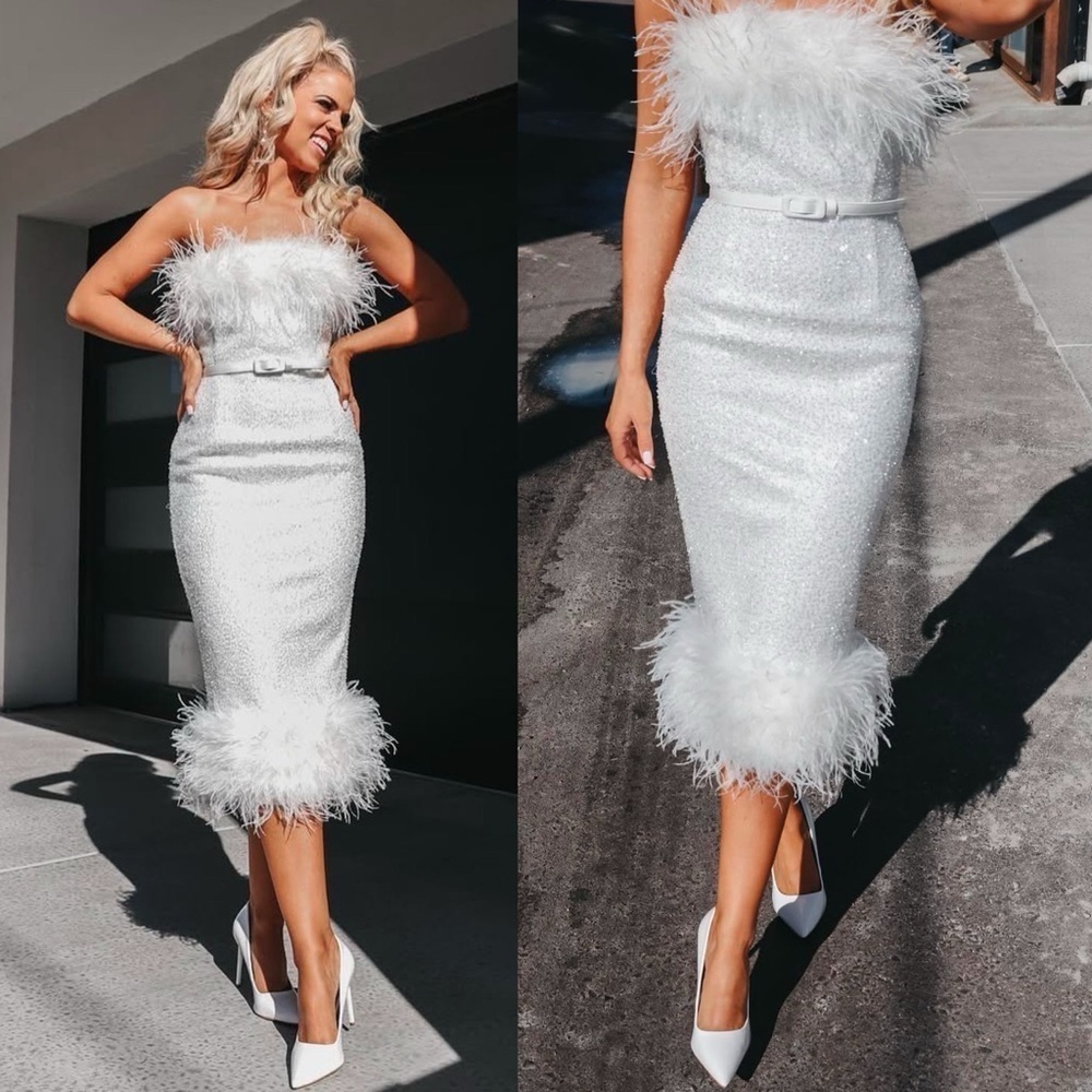 NEW! Nadine Merabi- White Katie Dress Midi Strapless Sequin Size Small NO BELT